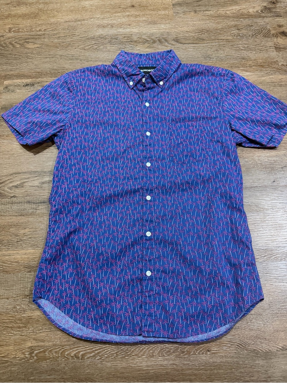 Bonobos Slim Fit Palm Tree Print Button-Down Shirt Medium Blue Pink 100% Cotton